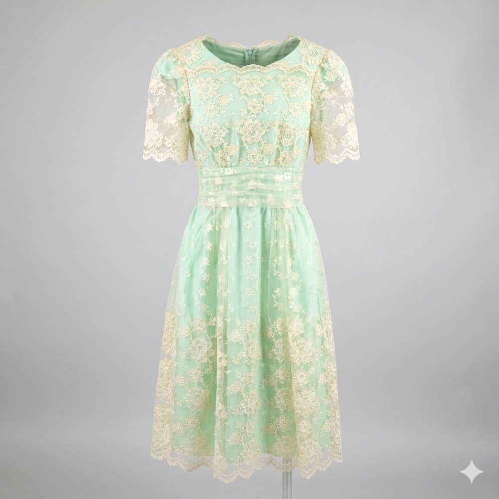 Handmade 1950s Party Dress Mint Green Lace Midi Dress V-Back Loop Buttons XS S